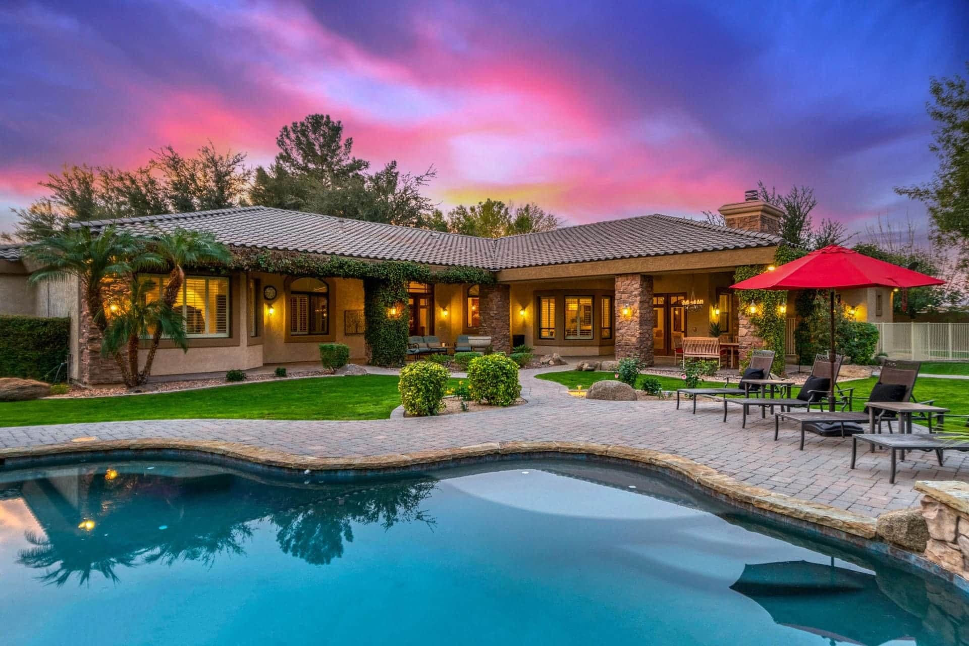 Arizona home with pool at sunset