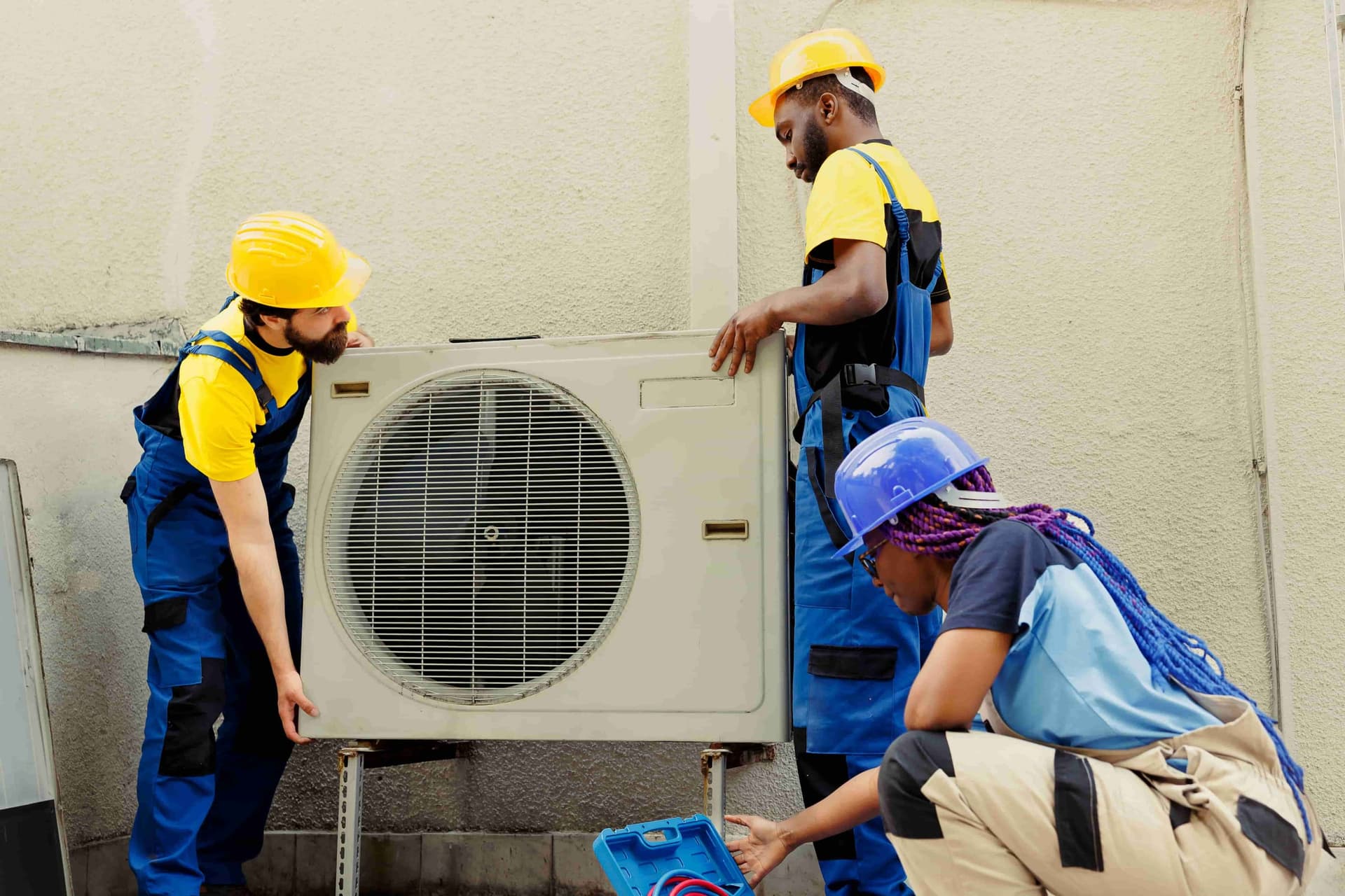 Two NexLvl technicians installing a new air conditioner