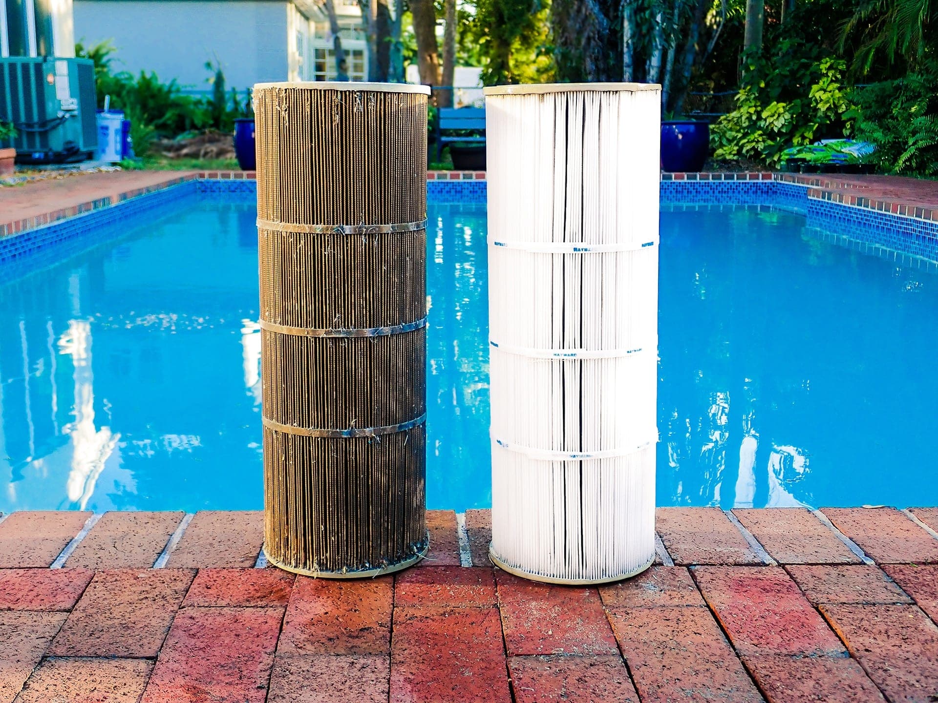 Dirty and clean pool filters comparison by pool