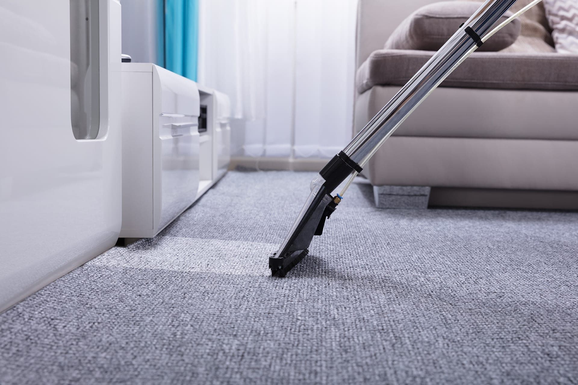 Vacuum cleaning gray carpet in living room.
